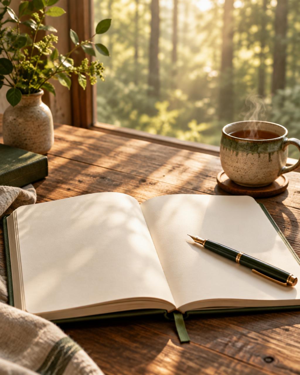 Open werkboek met vulpen op een houten tafel, met warm ochtendlicht en uitzicht op het bos