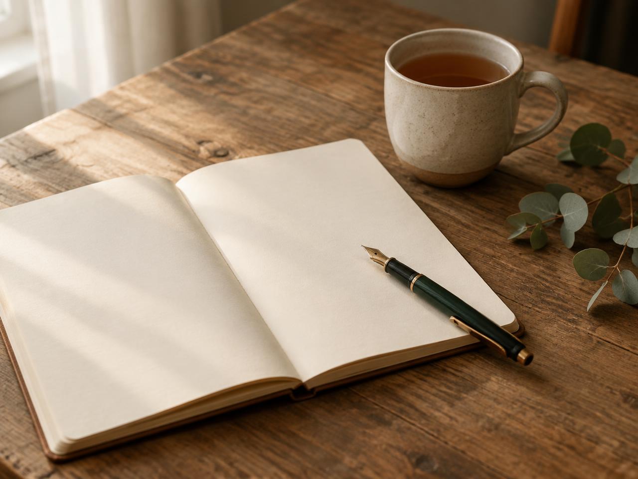 Open werkboek met vulpen en kop thee op een houten tafel